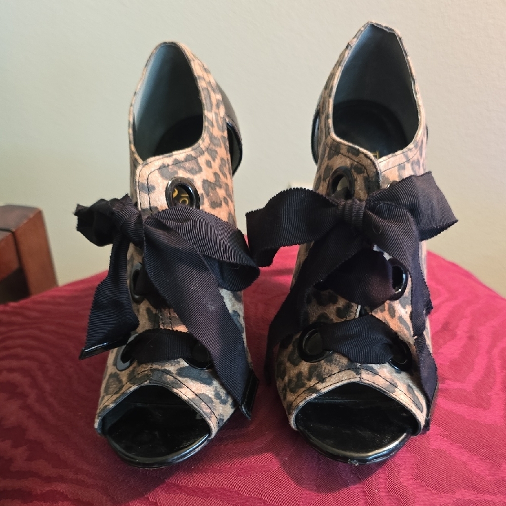 Touch of Nina Leopard Print Heels with Black Bow